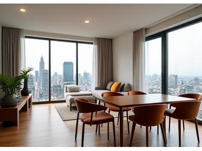 Sophisticated one-bedroom apartment living room with integrated dining